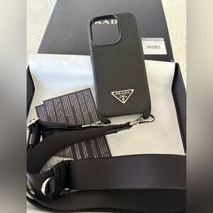 Prada Black Saffiano Leather Phone 15 pro Case with Strap